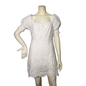 7 For All Mankind White Eyelet Lace Short Puff Sleeve Mini Babydoll Dress Size L